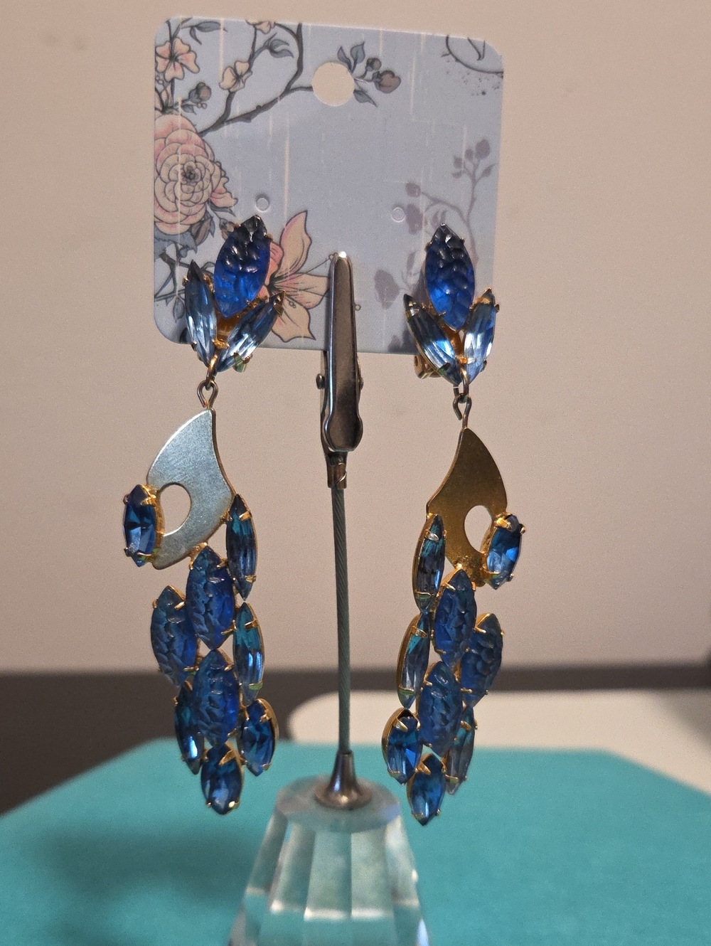 Elegant Blue Crystal Drop Earrings - Gold Tone